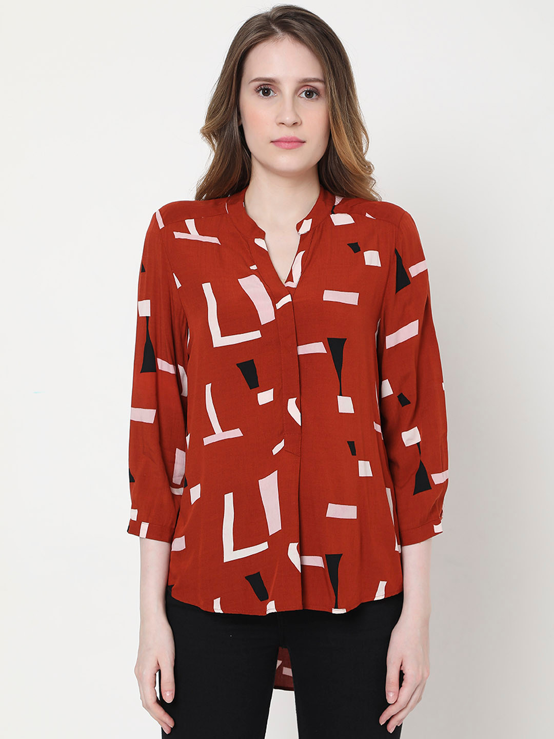 Red Mandarin Coller Roll Up Sleeves Viscose Rayon Top