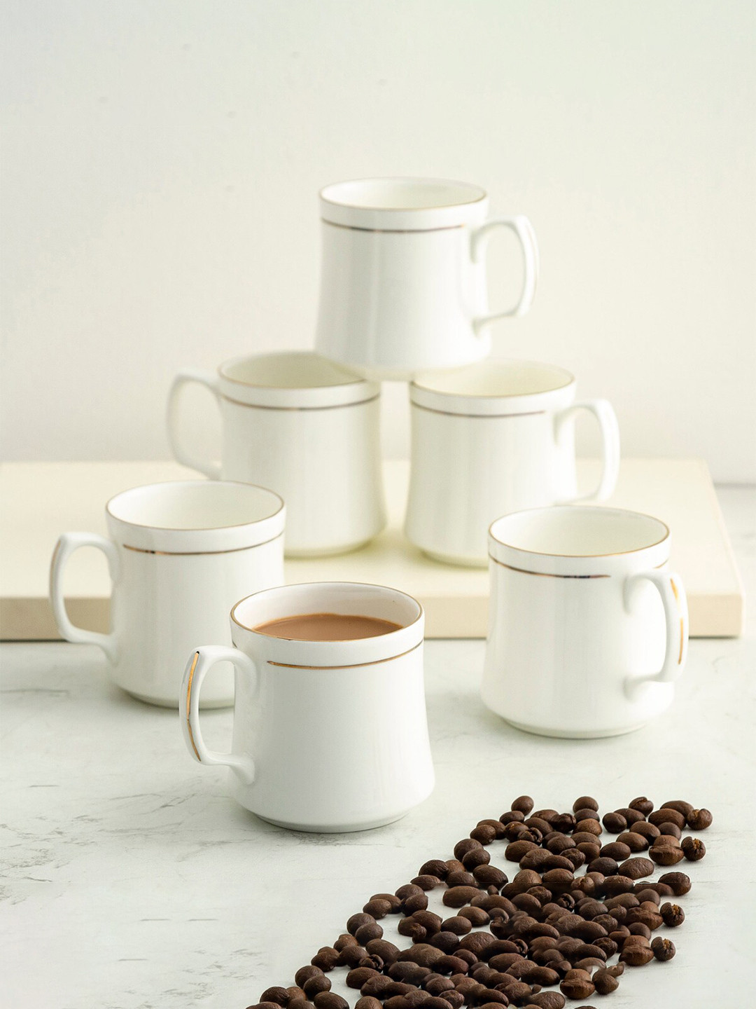 Buy Home Centre White & Gold Toned Solid 6 Pieces Bone China Glossy Mugs Set Cups And Mugs for