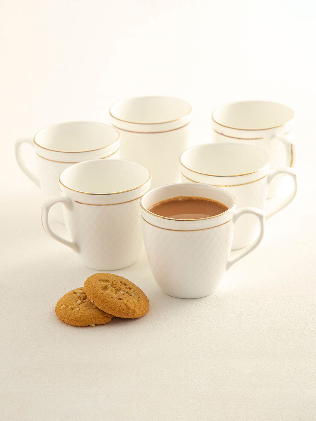 Buy Home Centre Set Of 6 White & Gold Toned Textured Bone China Glossy Mugs Cups And Mugs for