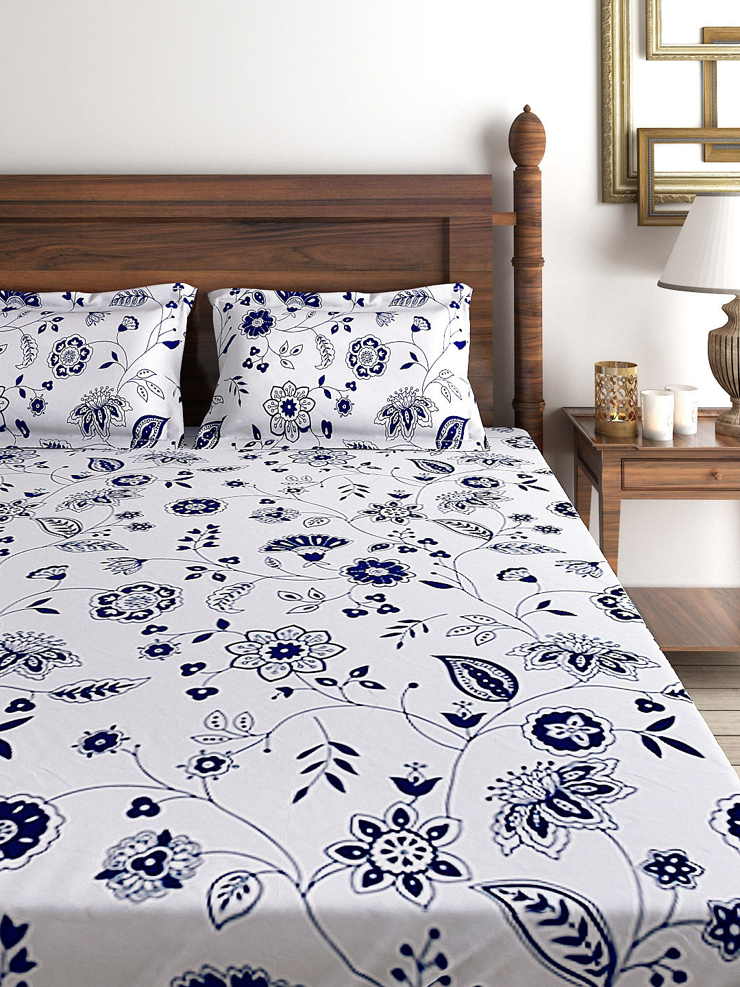 Buy Raymond Home White Cotton 124 TC Double Bedsheet With 2 Pillow