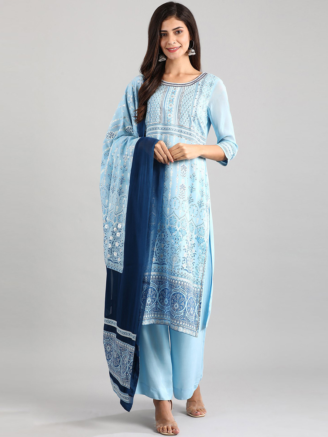 Women Blue Ethnic Printed Straight Kurta With Palazzo And Dupatta