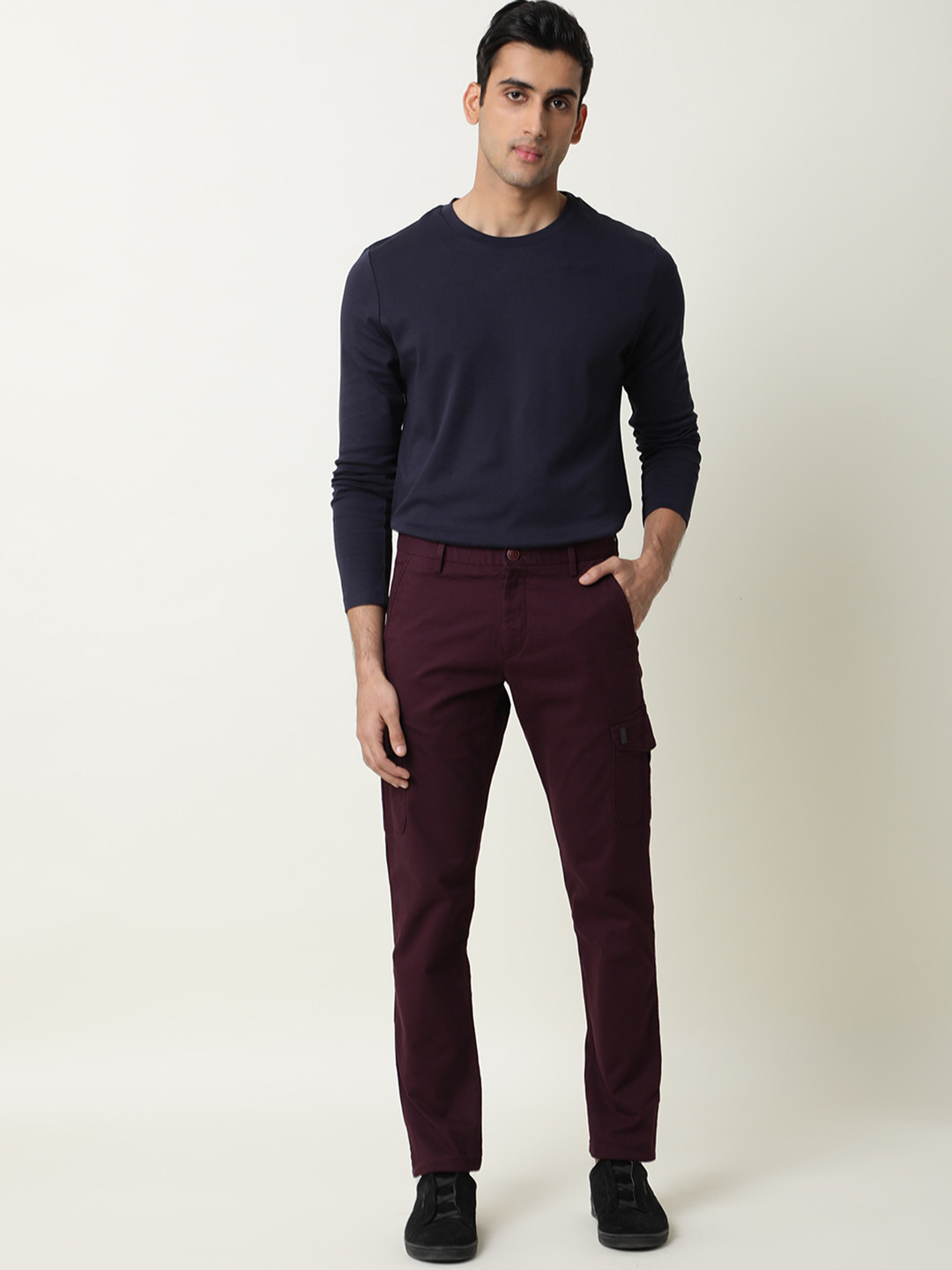 Buy RARE RABBIT Men Burgundy Slim Fit Cargos Trousers - Trousers for ...