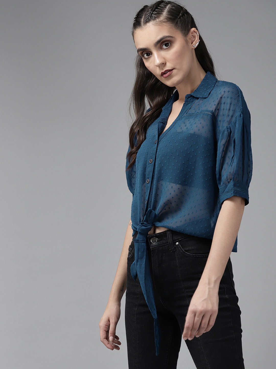 Buy Roadster Women Teal Blue Self Design Dobby Weave Semi Sheer Casual