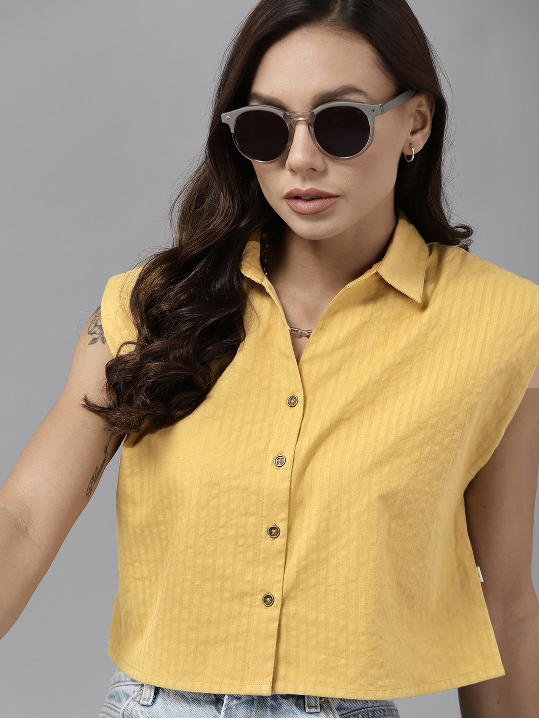 Buy Roadster Women Mustard Pure Cotton Casual Shirt Shirts for Women