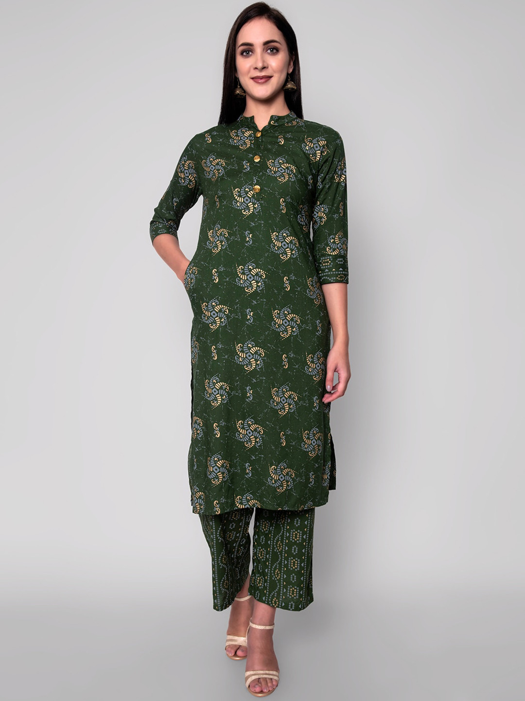 Women Green Solid Kurta with Palazzos main image 1