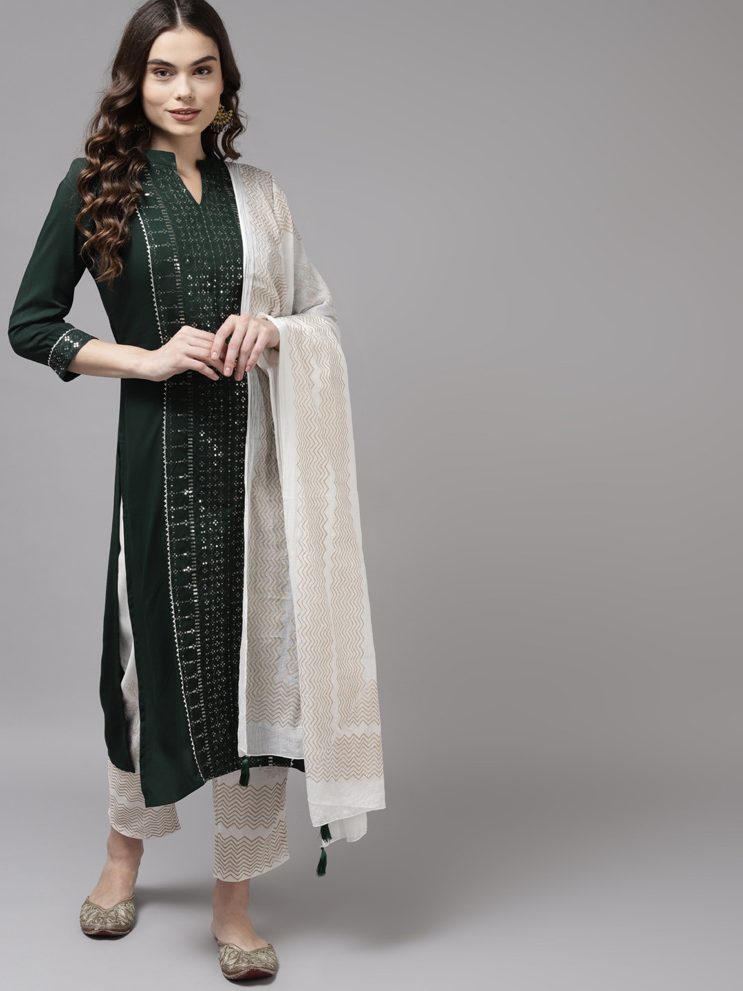 Women Green Embroidered Flared Kurta With Trouser And Dupatta