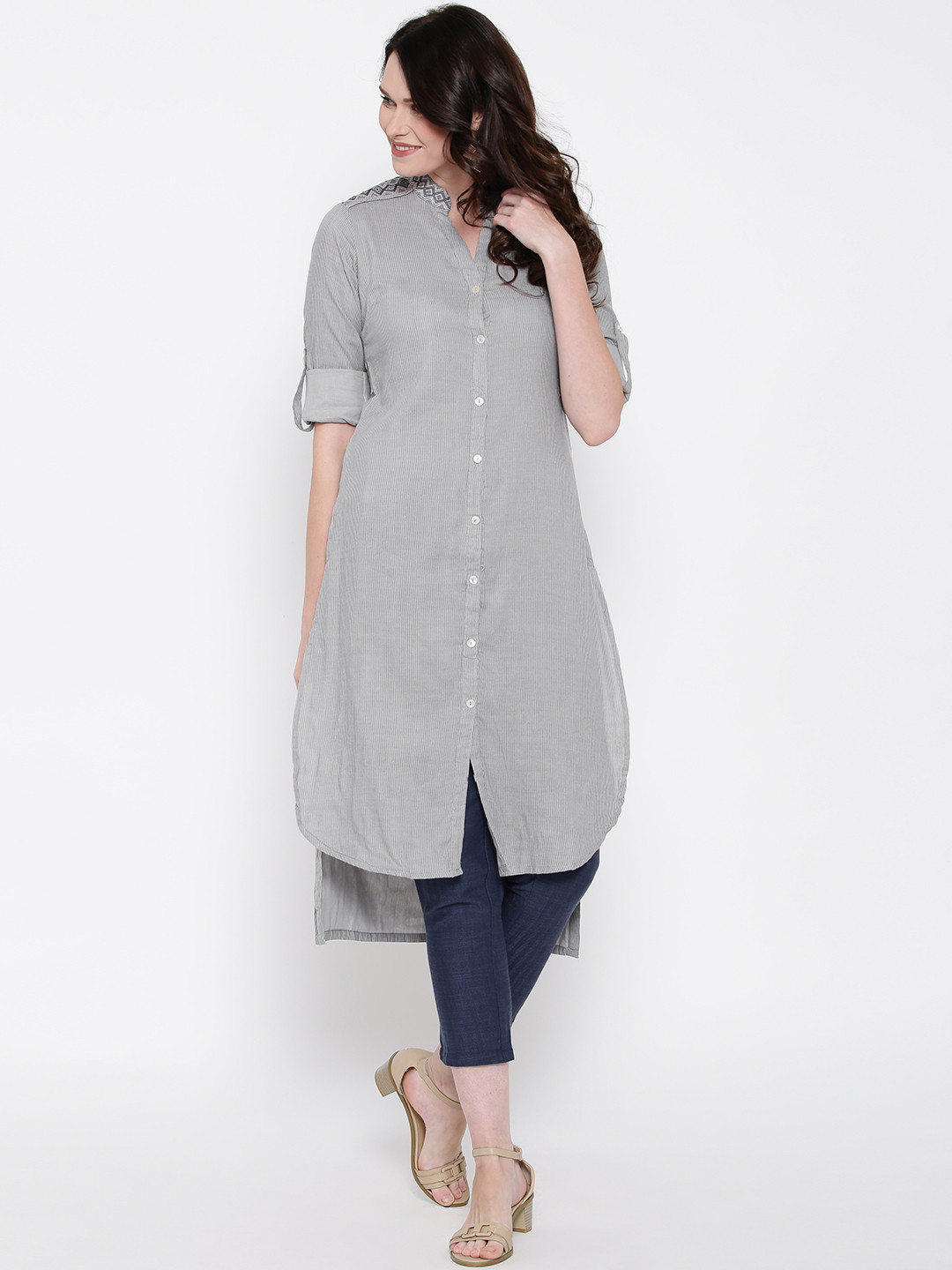 Buy Biba Women Grey Self Striped Straight High Low Kurta Kurtas for