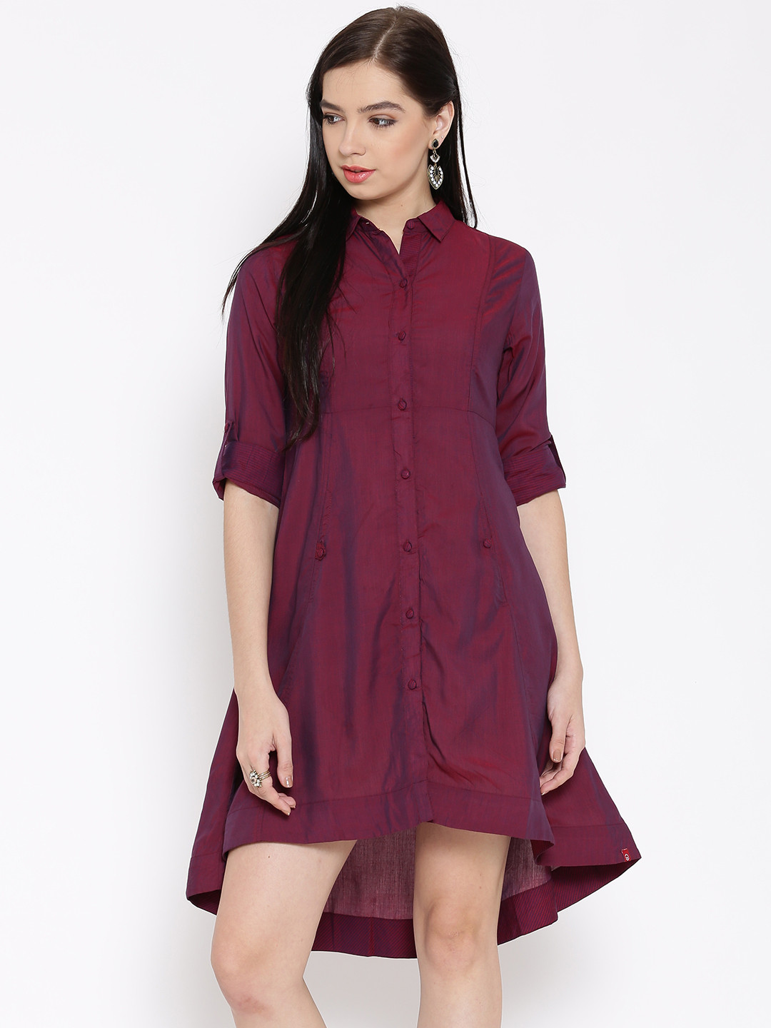 Buy Biba Women Maroon Dual Toned Solid Shirt Dress Dresses for Women