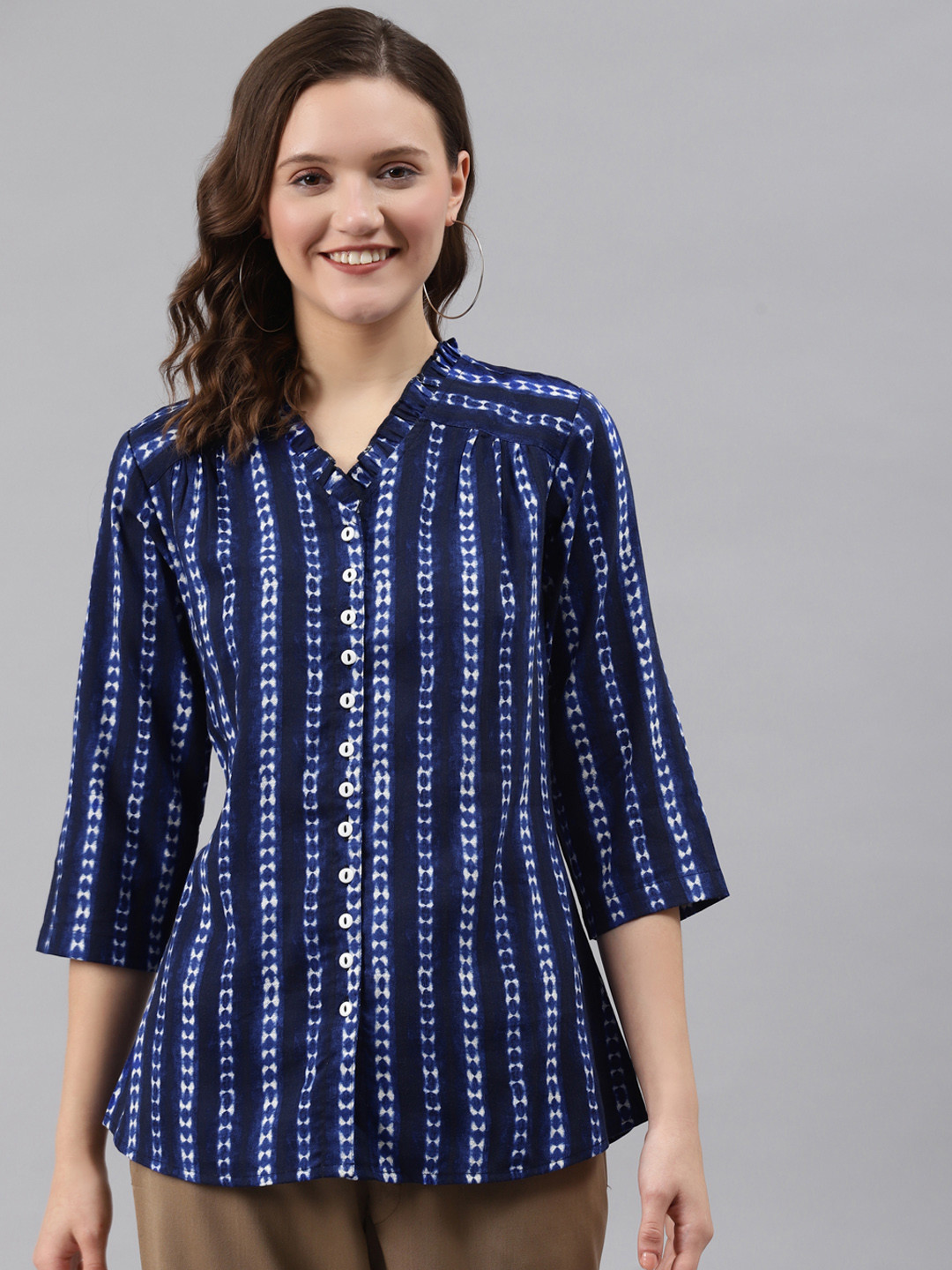 Women's Turquoise Blue Mandarin Collar Ruffles Top main image 0