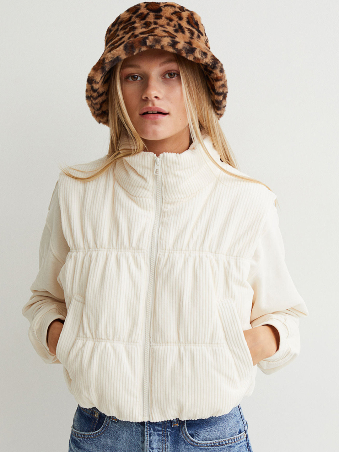 Buy H&M Women White Self Design Stand Up Collar Padded Gilet Jackets