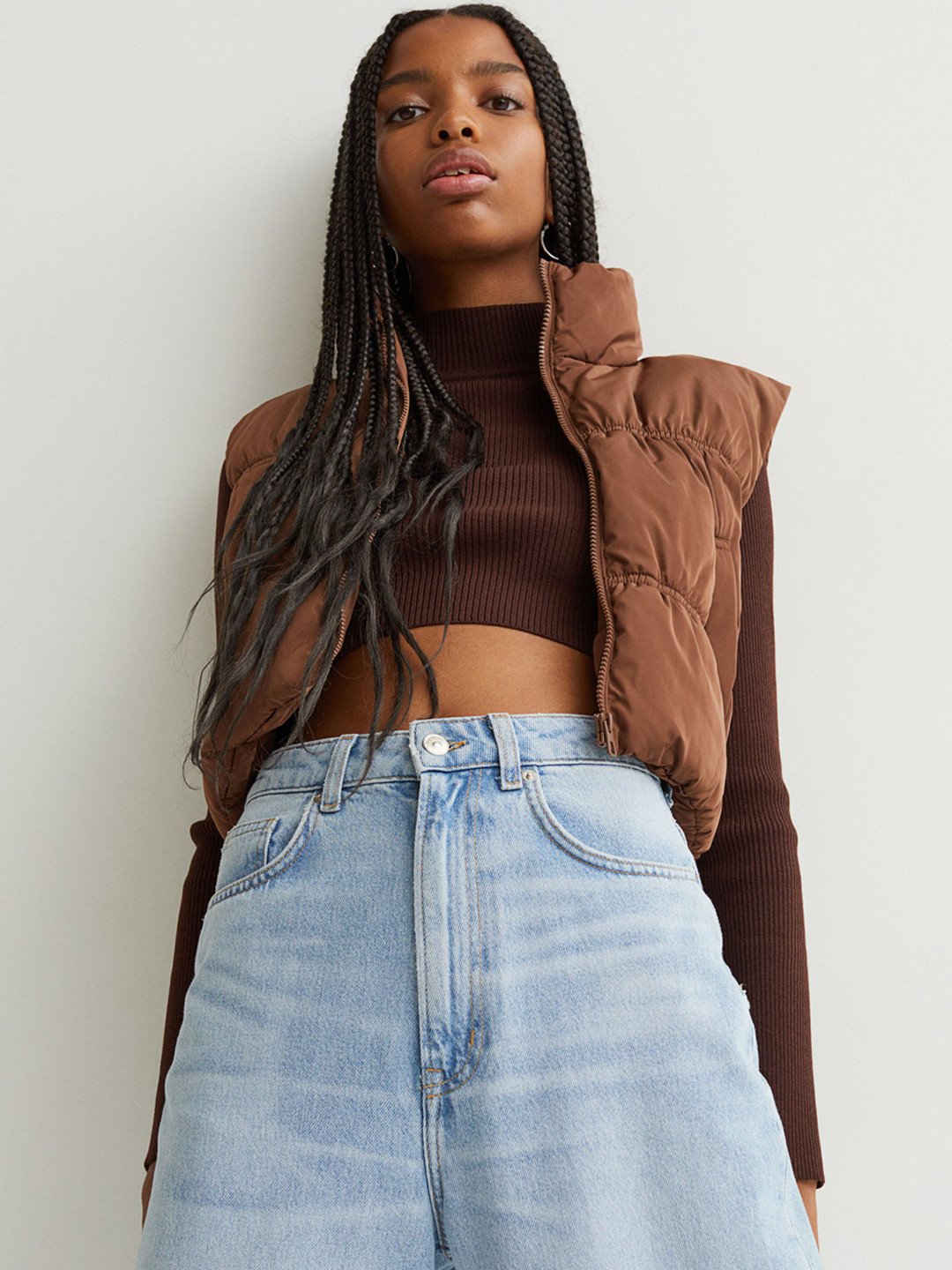 Buy H&M Women Brown Self Design Cropped Gilet Jackets for Women