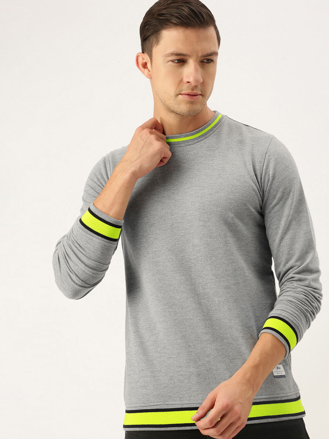 Buy Peter England Men Grey & Lime Green Solid Sweatshirt Sweatshirts