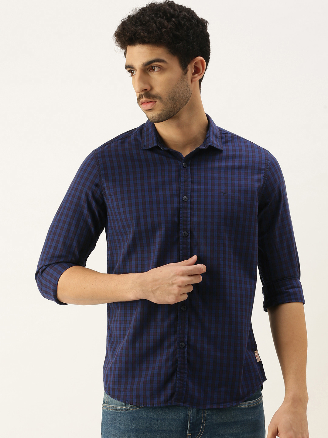 Buy Flying Machine Men Navy Blue Slim Fit Micro Checked Pure Cotton ...