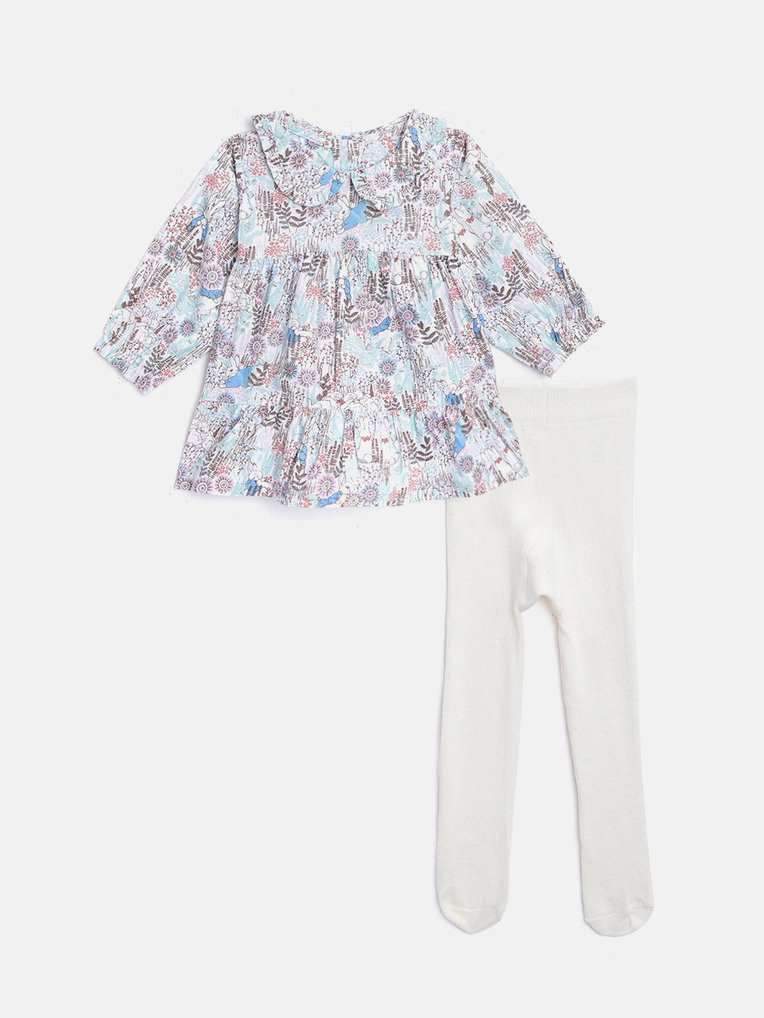 Buy Marks & Spencer Infant Girls Off White & Sea Green Floral Cotton Dress With Stockings