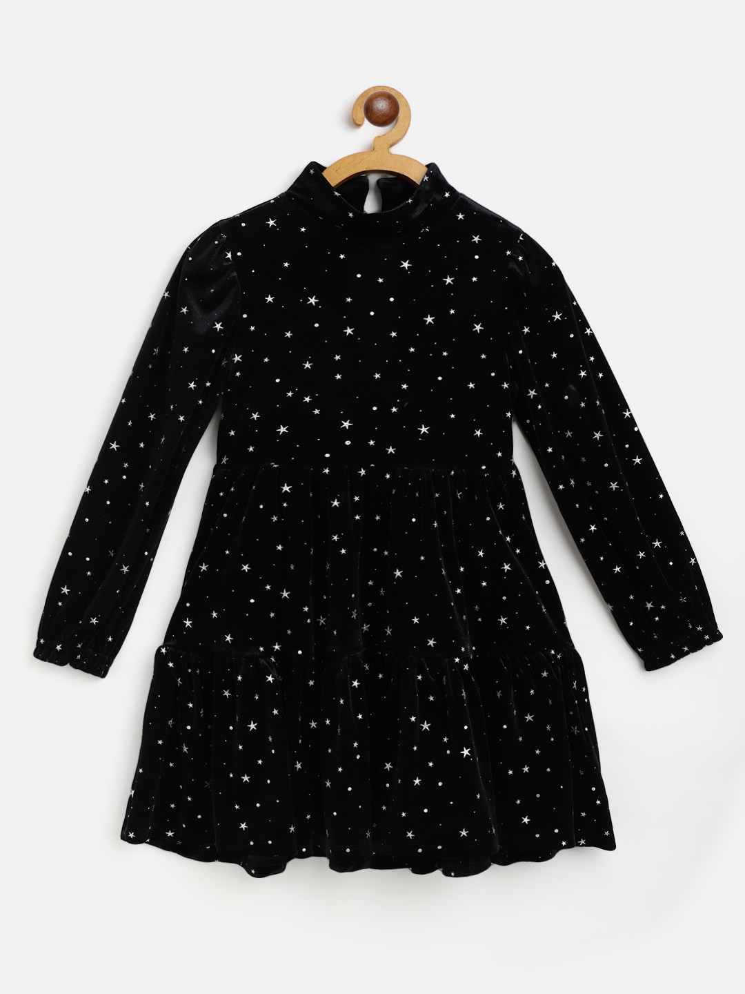 Buy Marks & Spencer Black & Silver Velvet Finish Star Print Tiered A Line Dress Dresses for