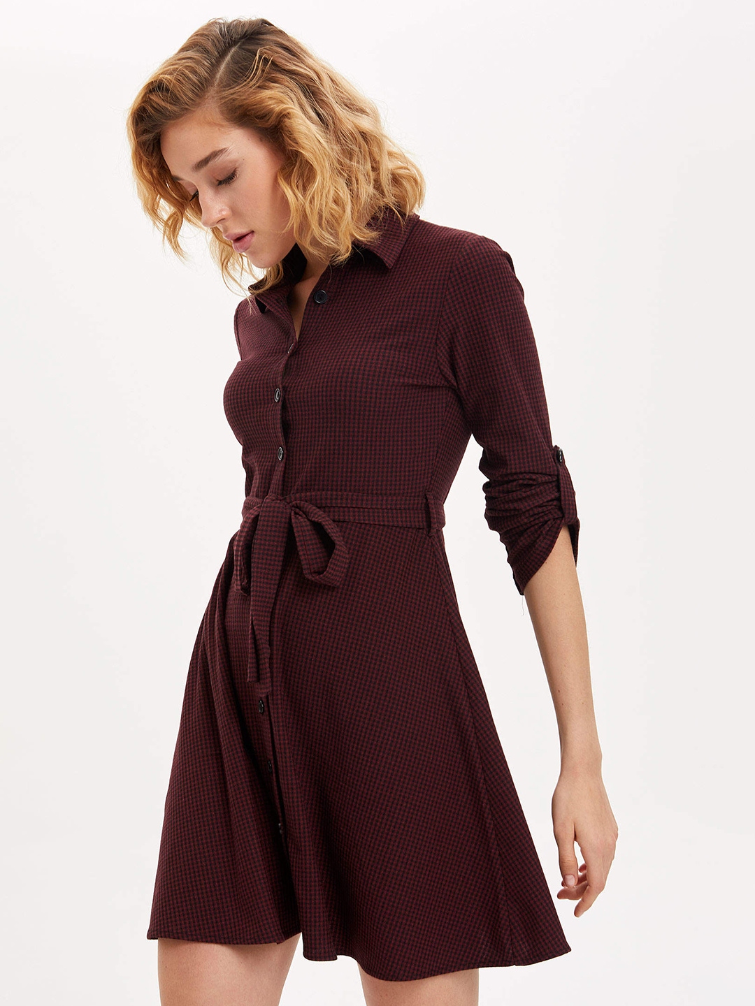 Buy DeFacto Women Burgundy & Black Checked Shirt Dress - Dresses for ...