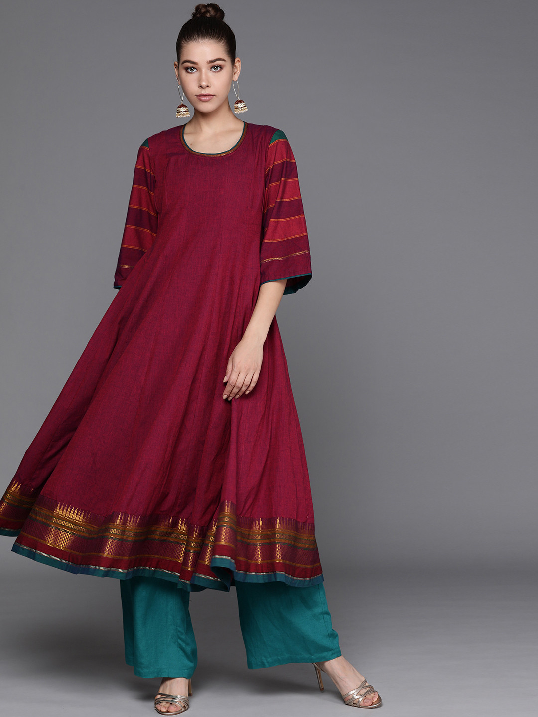 Buy Fabindia Women Maroon Cotton Solid Round Neck Flared Sleeves Kurta