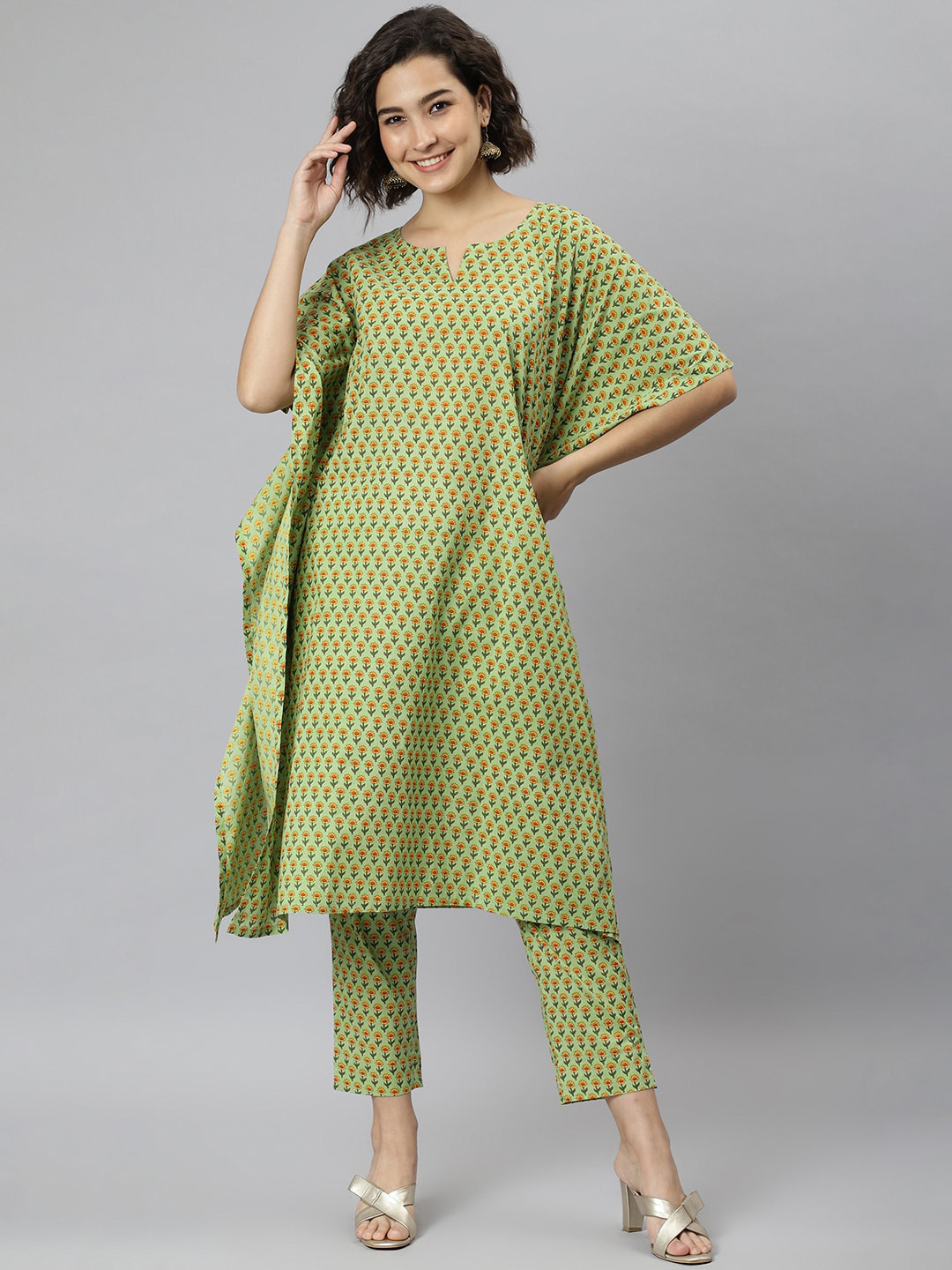 Buy Janasya Women Green Printed Pure Cotton Kaftan Kurta With Trousers