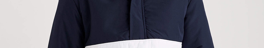 Buy DeFacto Men Navy Blue & White Colourblocked Hooded Padded Jacket ...