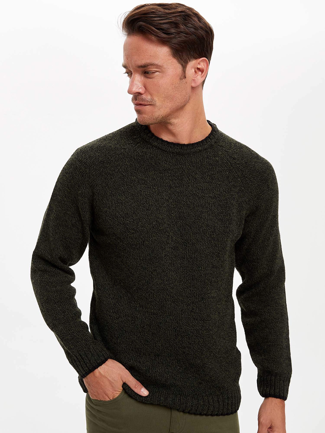 Buy DeFacto Men Olive Green Slim Fit Pullover - Sweaters for Men ...