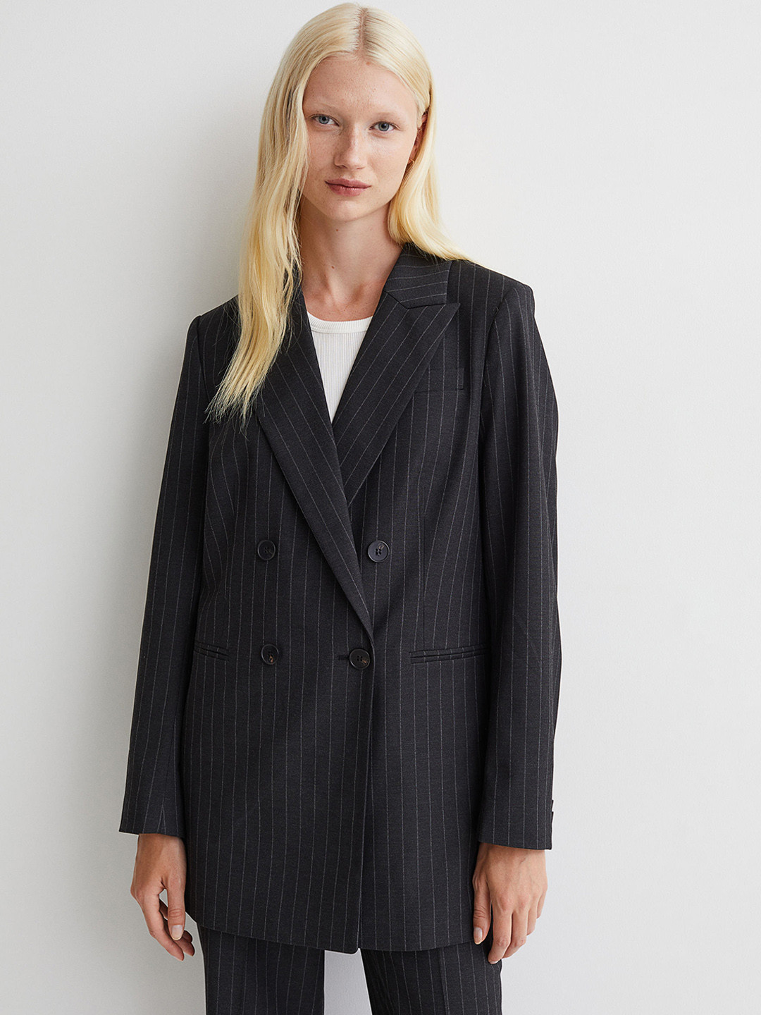 Buy H&M Women Grey & White Striped Double Breasted Jacket Blazers for
