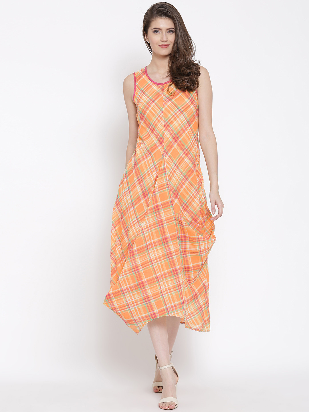 Buy Biba Women Orange Checked A Line Dress Dresses for Women 1582614 Myntra