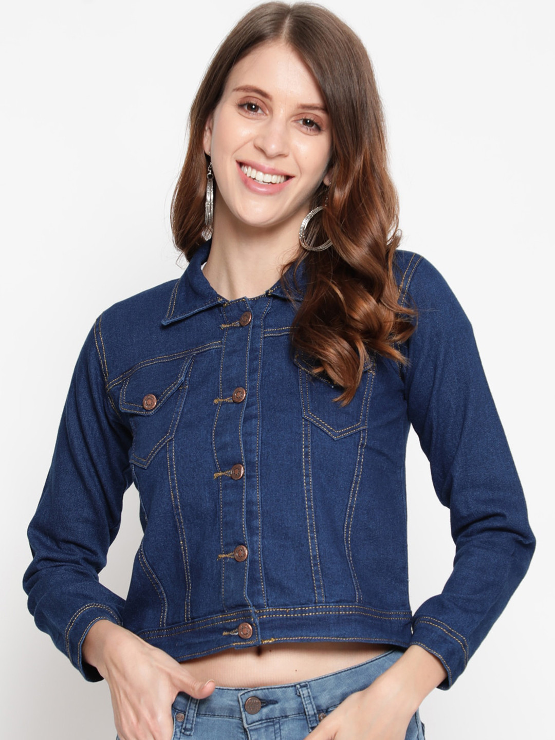 Buy AKIMIA Women Navy Blue Washed Crop Denim Jacket With Embroidered