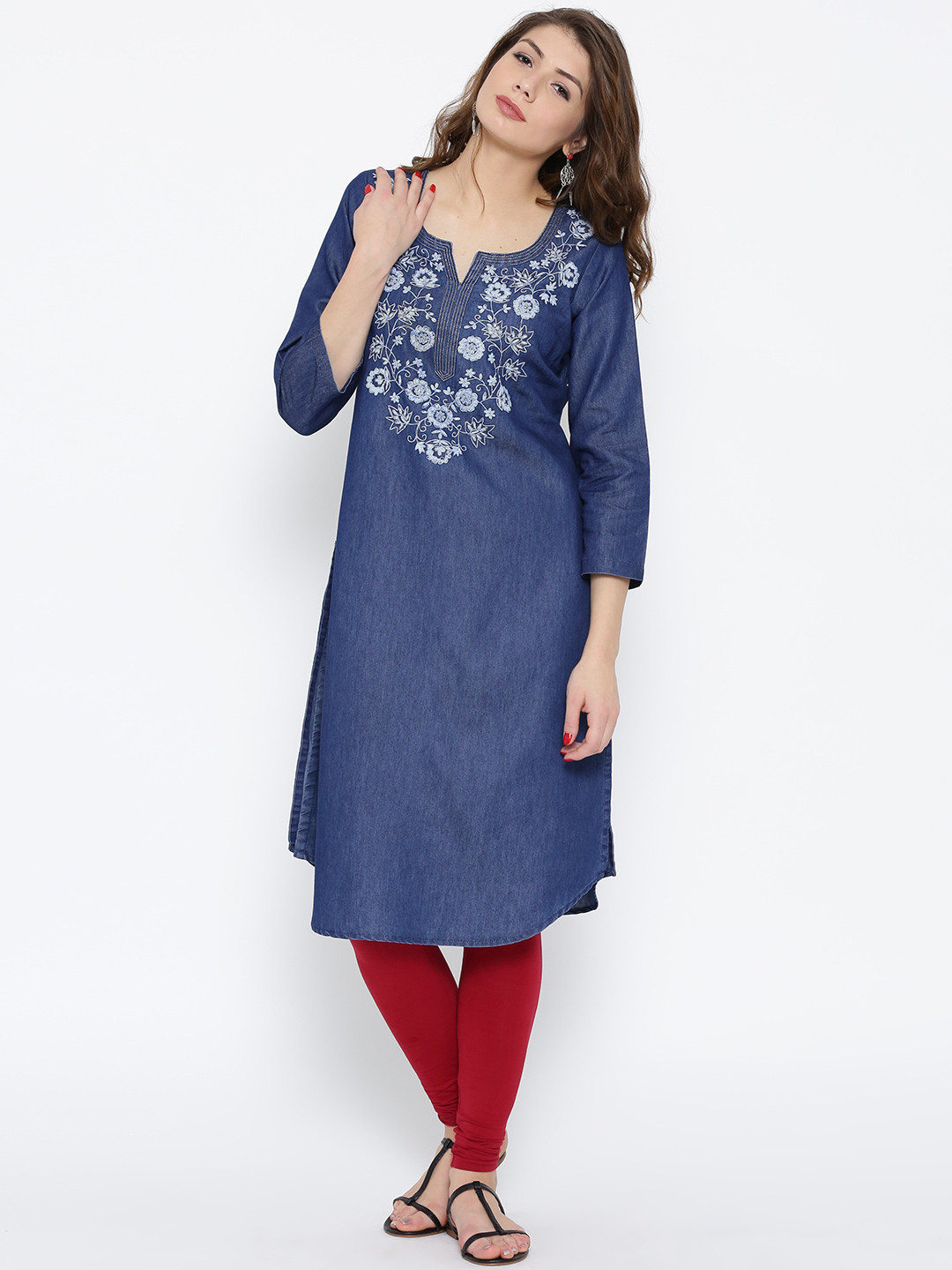 Buy Biba Women Blue Embroidered Denim Straight Kurta Kurtas for Women