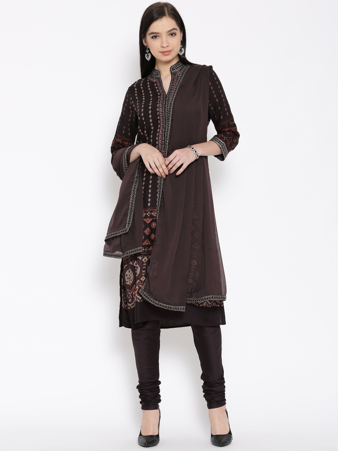 Buy Biba Brown Printed Churidar Kurta With Dupatta Kurta Sets for