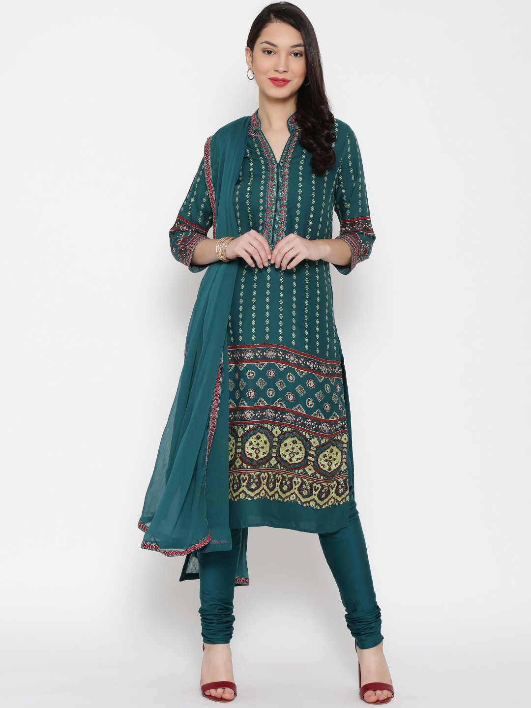 Buy Biba Teal Green Ethnic Embroidered Churidar Kurta With Dupatta