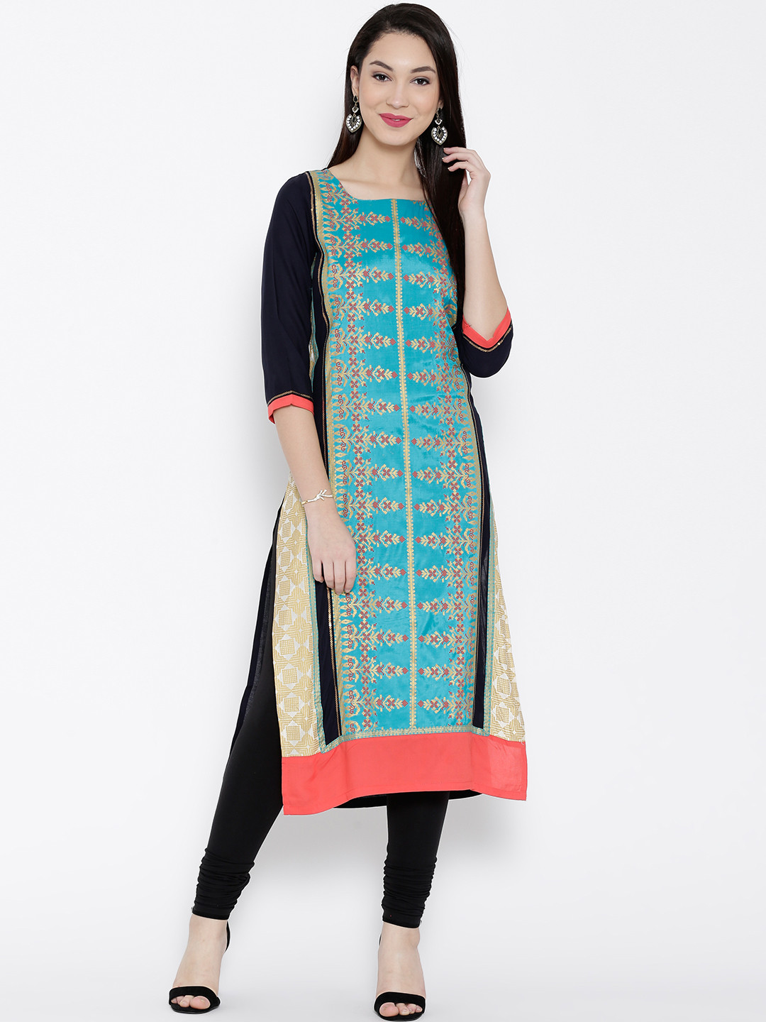 Women'S Navy Blue & Olive Green Printed Straight Kurta main image 0