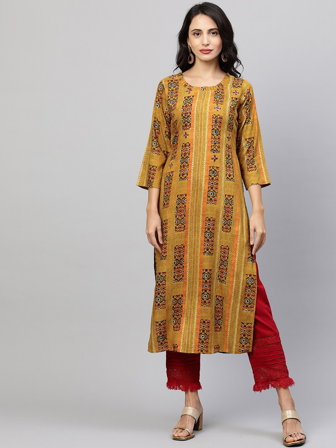 Buy FASHOR Women Mustard Yellow Ethnic Motifs Printed Kurta Kurtas