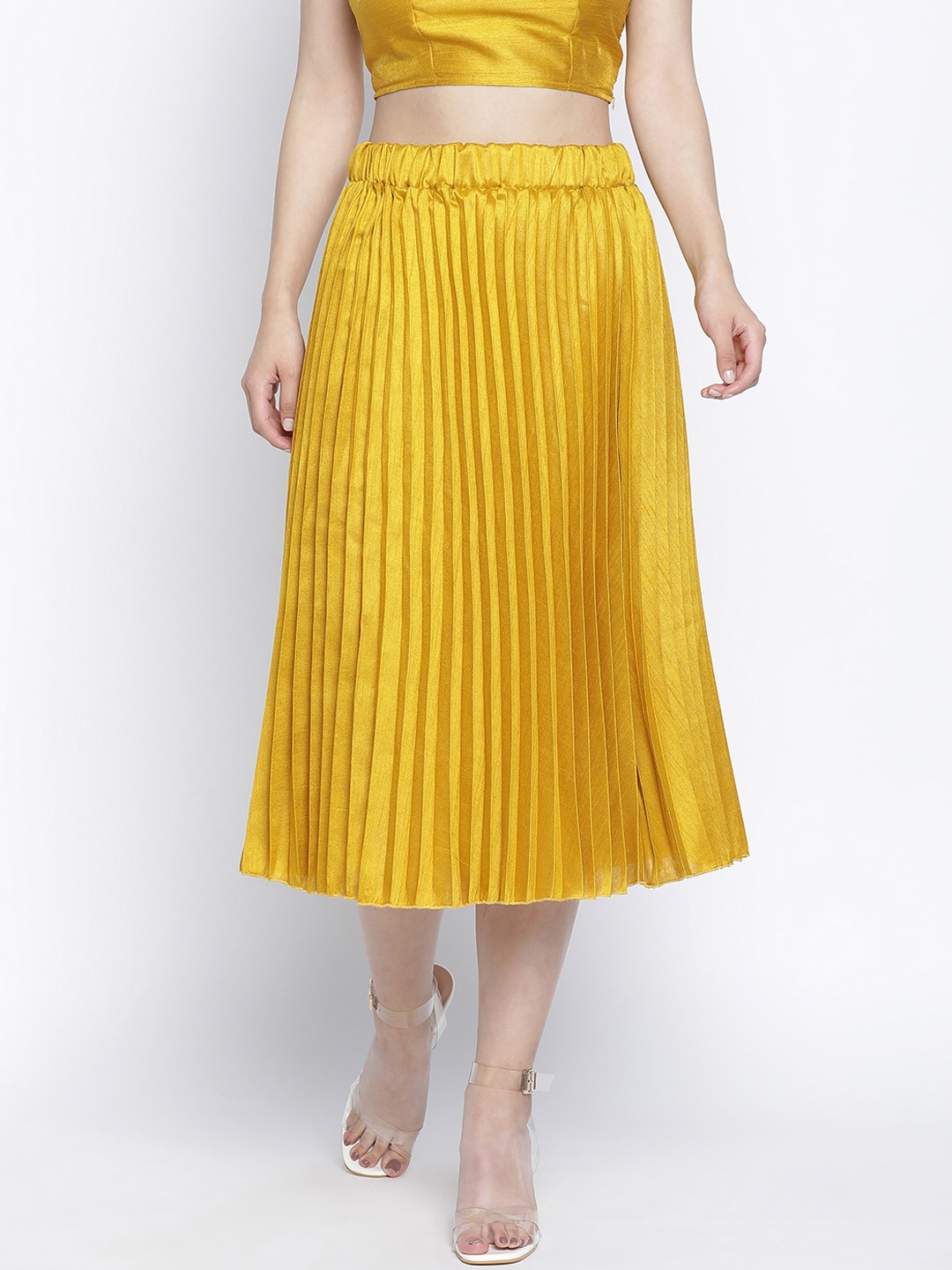 Buy Oxolloxo Women Mustard Yellow Solid Accordian Pleated Midi A Line ...