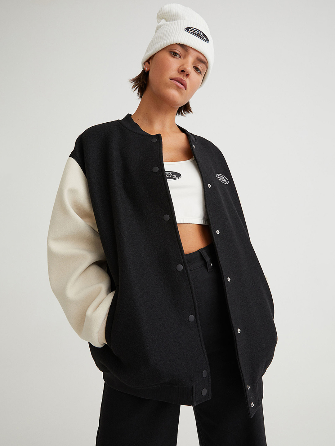 Buy H&M Women Black & Beige Oversized Varsity Jacket Jackets for