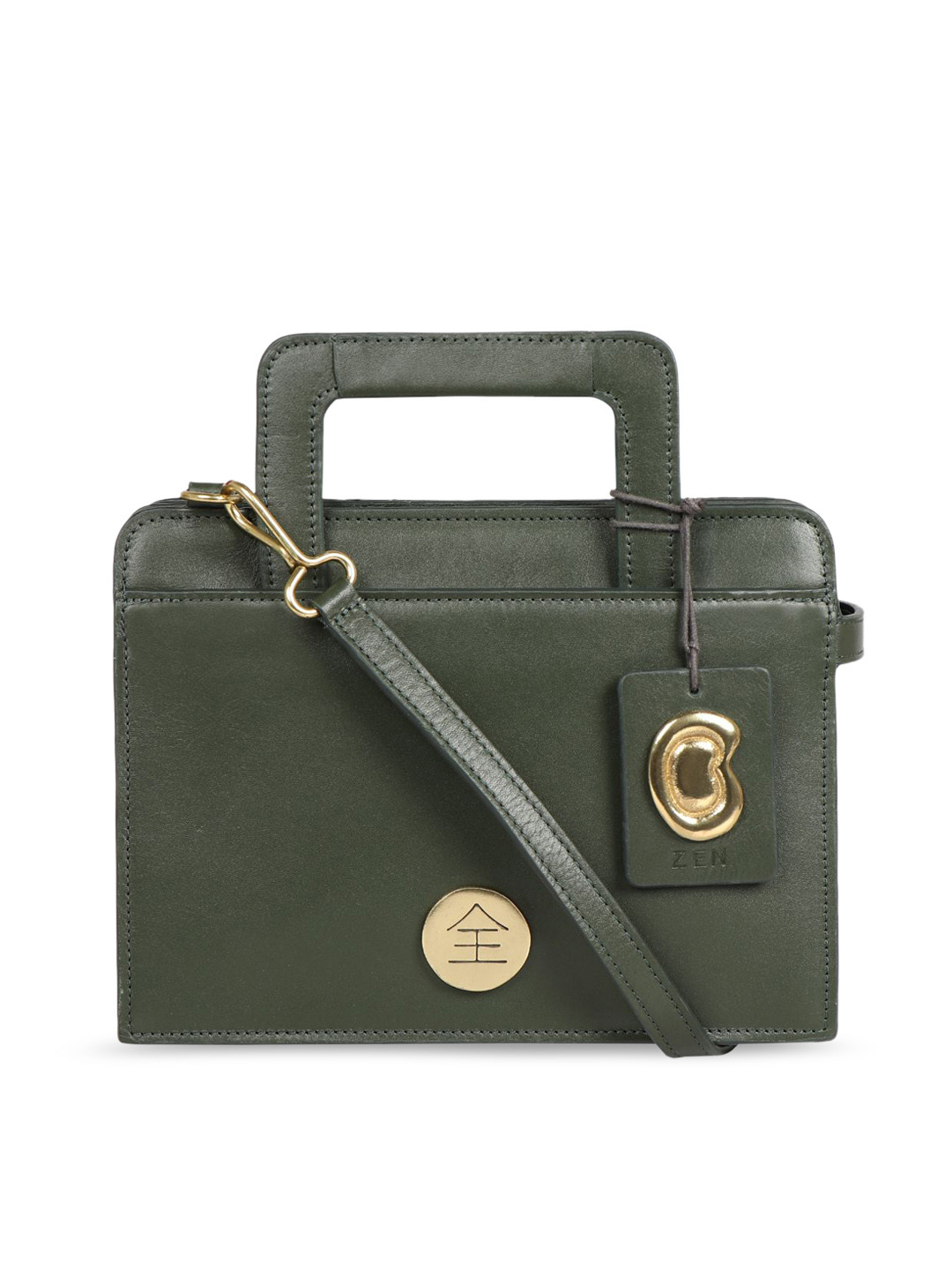 Buy Hidesign Green Leather Structured Handheld Bag With Applique