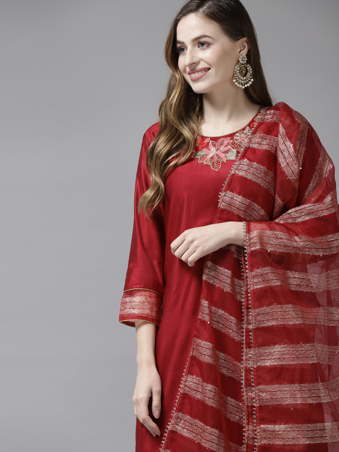 Women Red & Golden Printed Kurta With Trousers & Dupatta