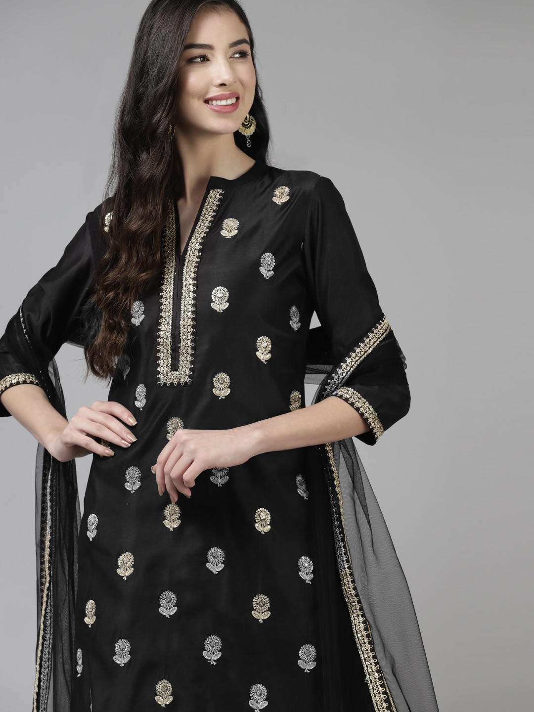 Indo Era Black Embroidered Straight Kurta Trousers With Dupatta Set