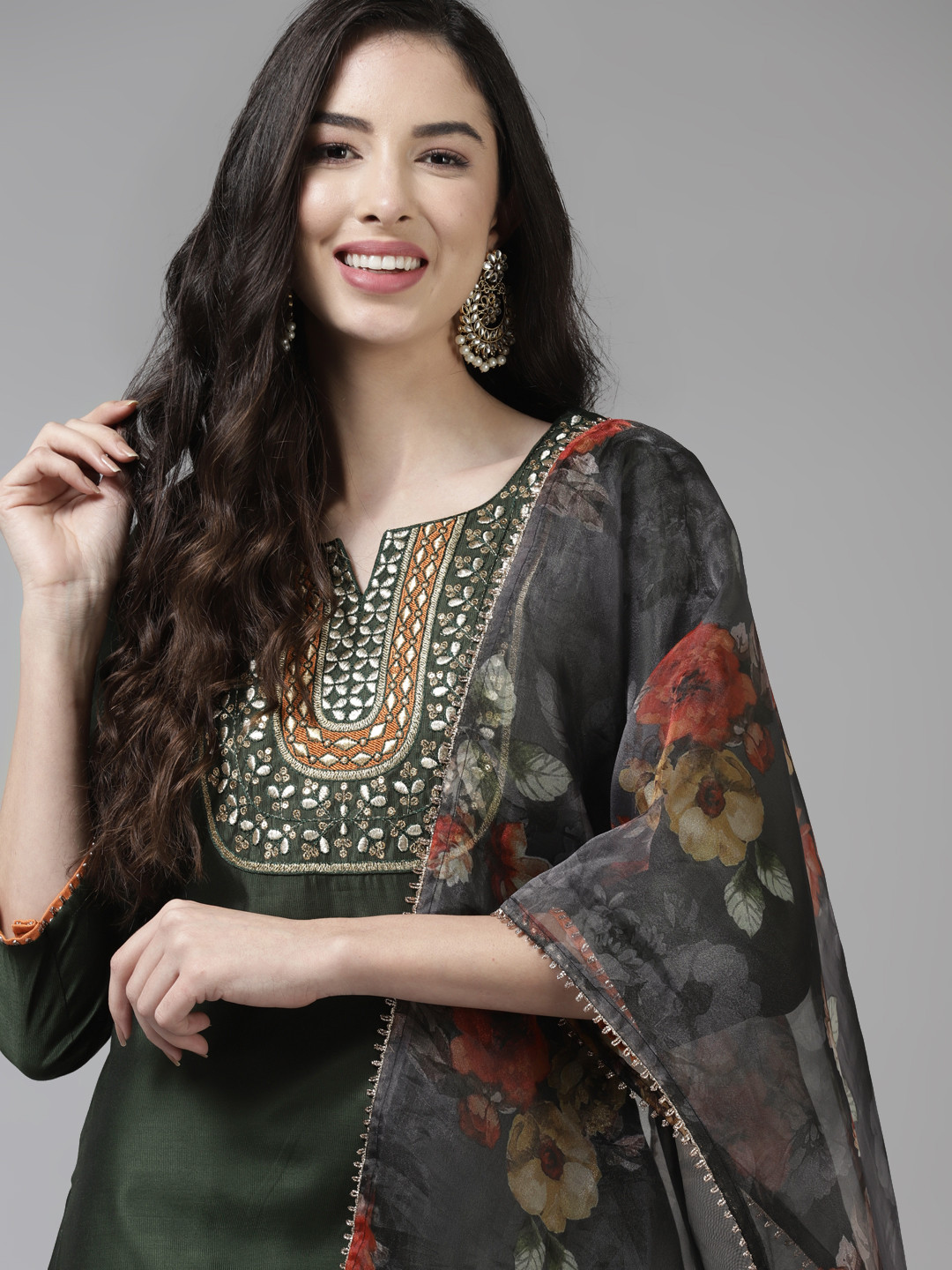 Indo Era Green Yoke Design A-Line Kurtas