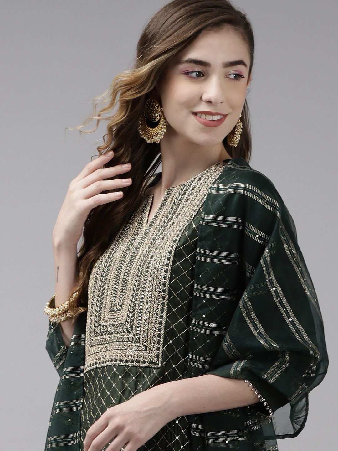 Women Green Ethnic Motifs Embroidered Thread Work Kurta with Sharara & Dupatta