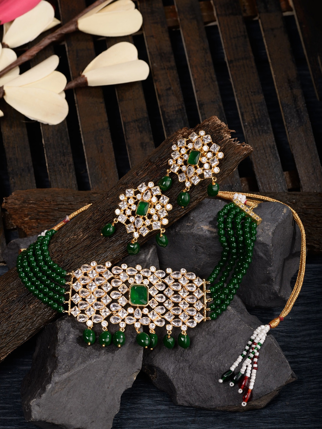 Buy Saraf RS Jewellery Gold Plated White & Green American Diamond Studded Choker Jewellery Set