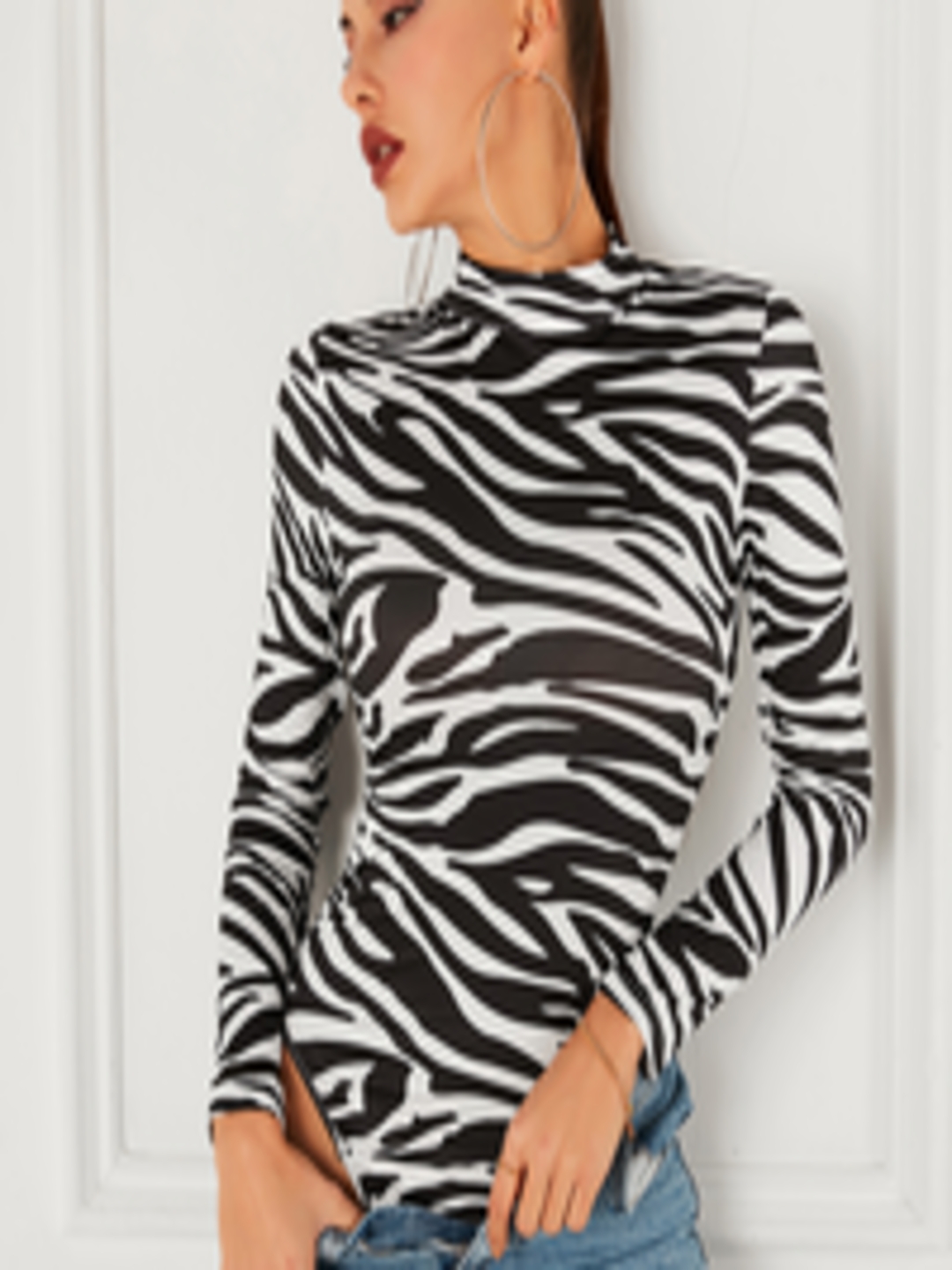 Buy URBANIC Women Black & White Zebra Printed Cut Out Detail Bodysuit ...