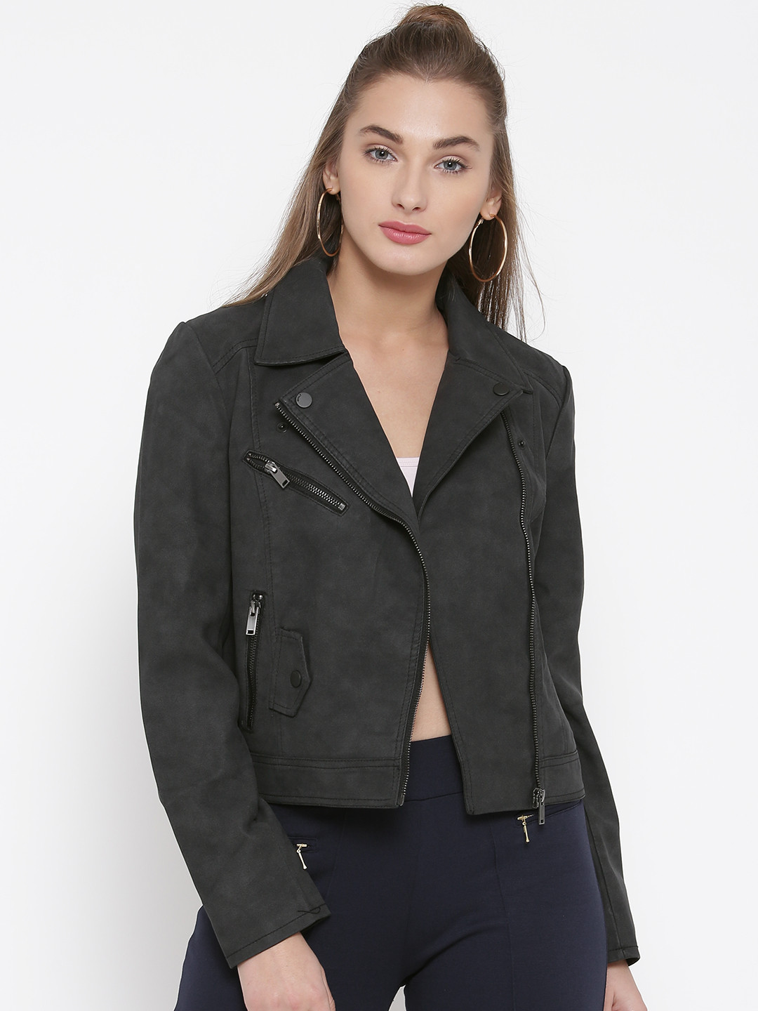 Buy ONLY Charcoal Grey Faux Leather Biker Jacket Jackets for Women