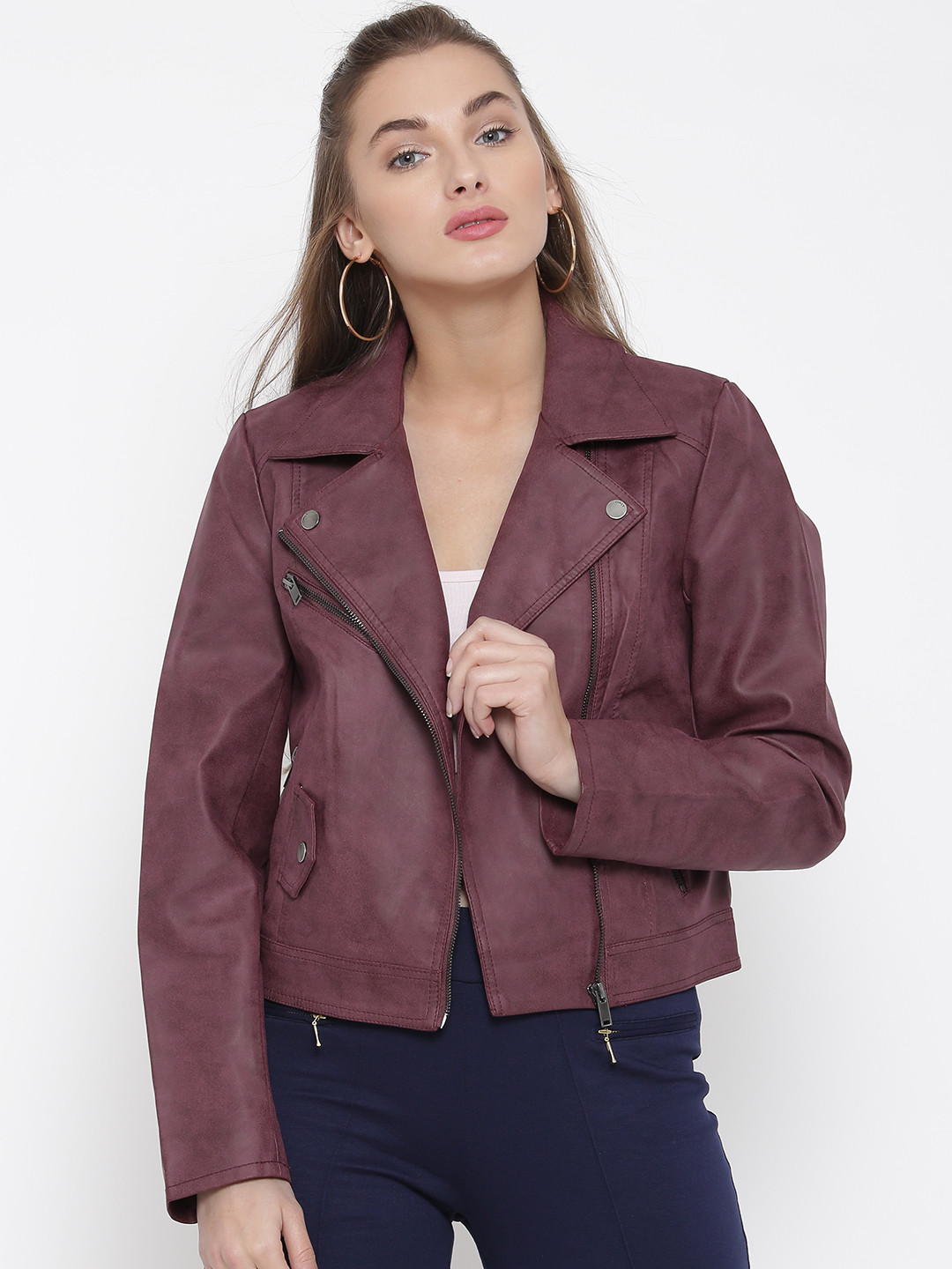 Buy ONLY Wine Coloured Faux Leather Biker Jacket Jackets for Women