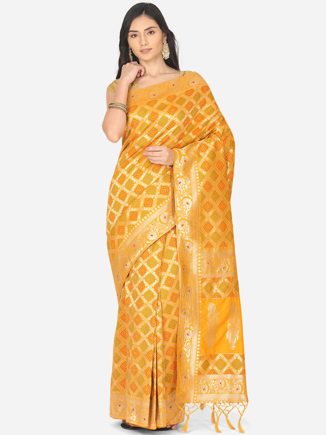 Buy BOMBAY SELECTIONS Yellow Woven Designed Saree Sarees for Women