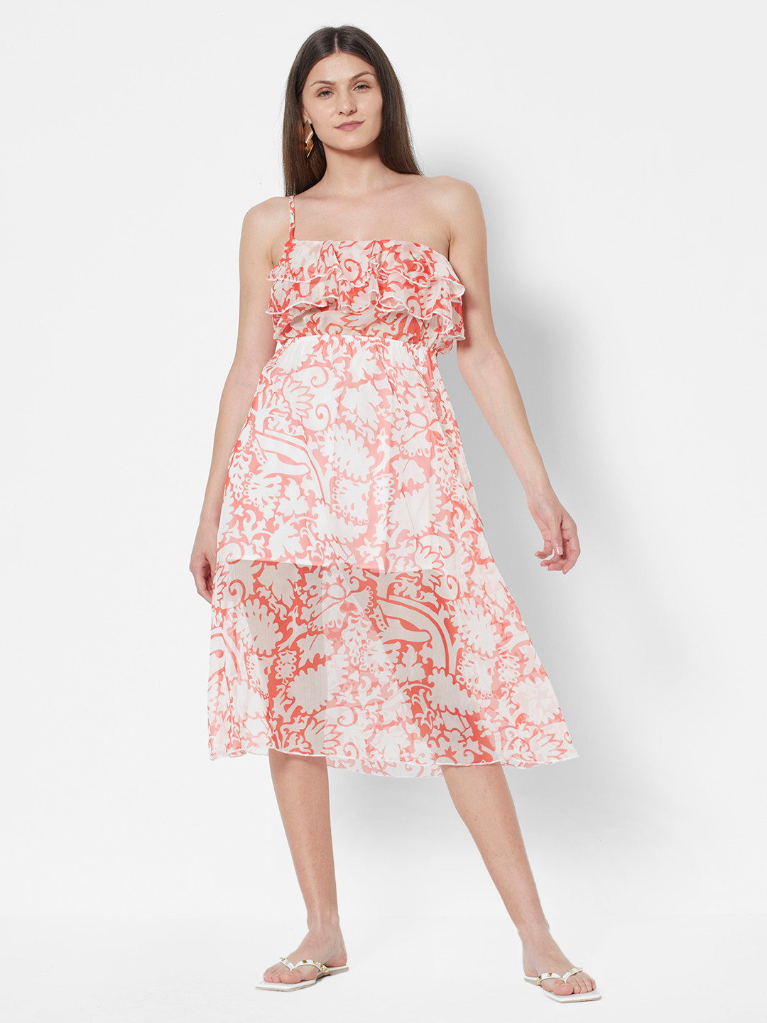 Buy URBANIC Orange & White Ethnic Motifs Print Ruffled One Shoulder A Line Midi Dress Dresses