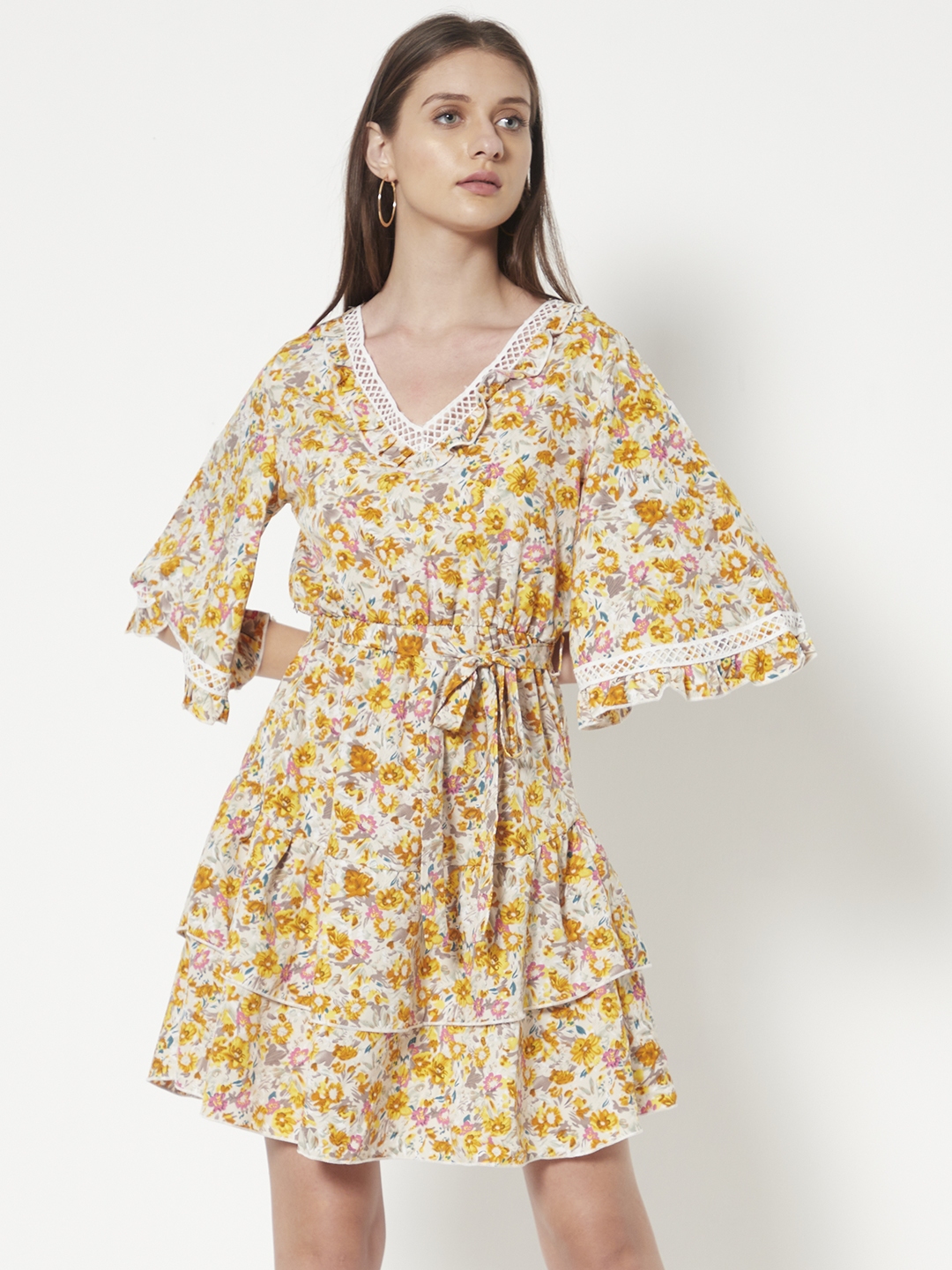 Buy Urbanic Yellow And White Floral Print A Line Dress With Belt Dresses For Women 15847024 Myntra 7635