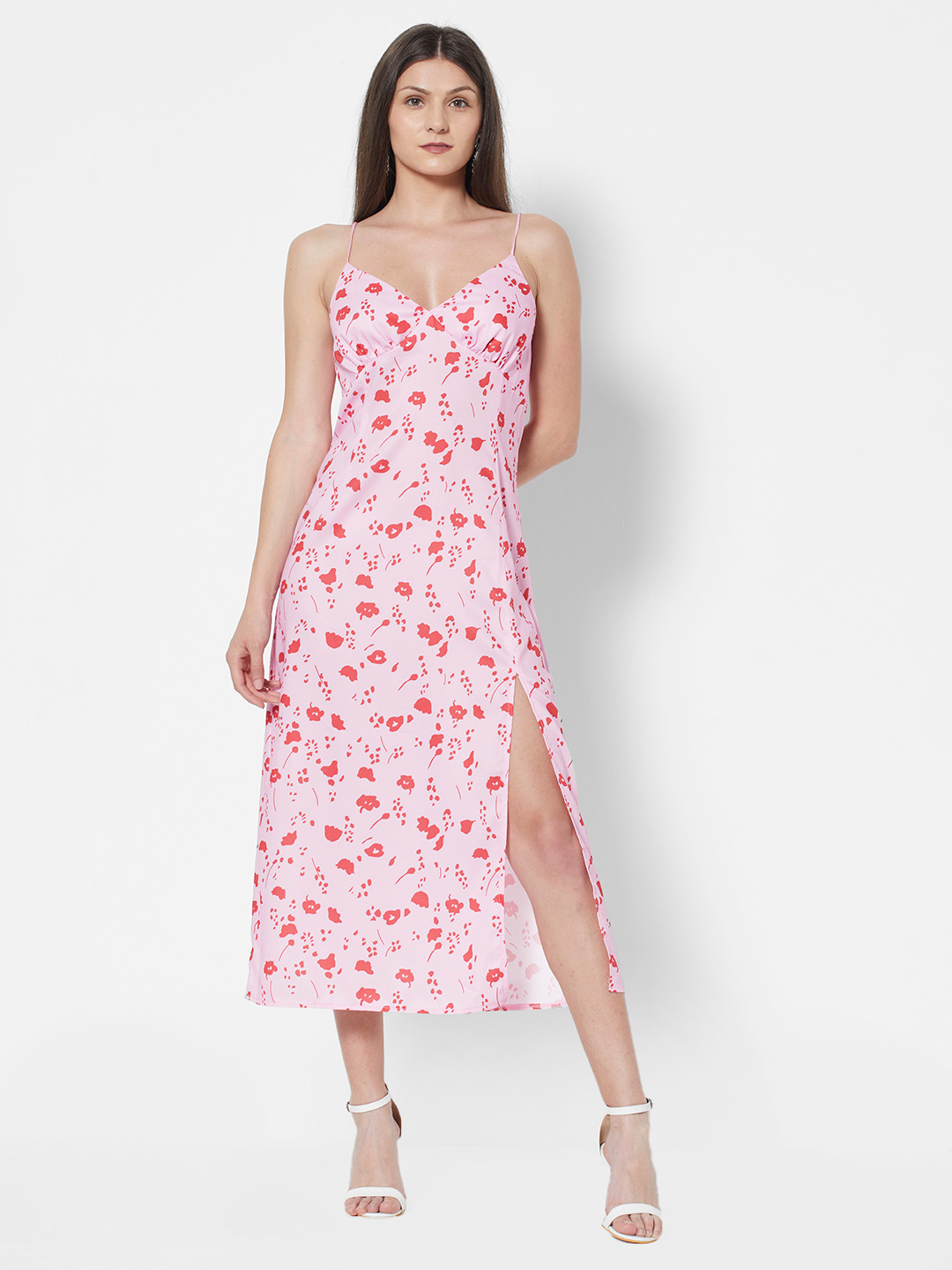 Buy URBANIC Pink & Red Printed A Line Midi Dress With Front Slit Dresses for Women 15847186