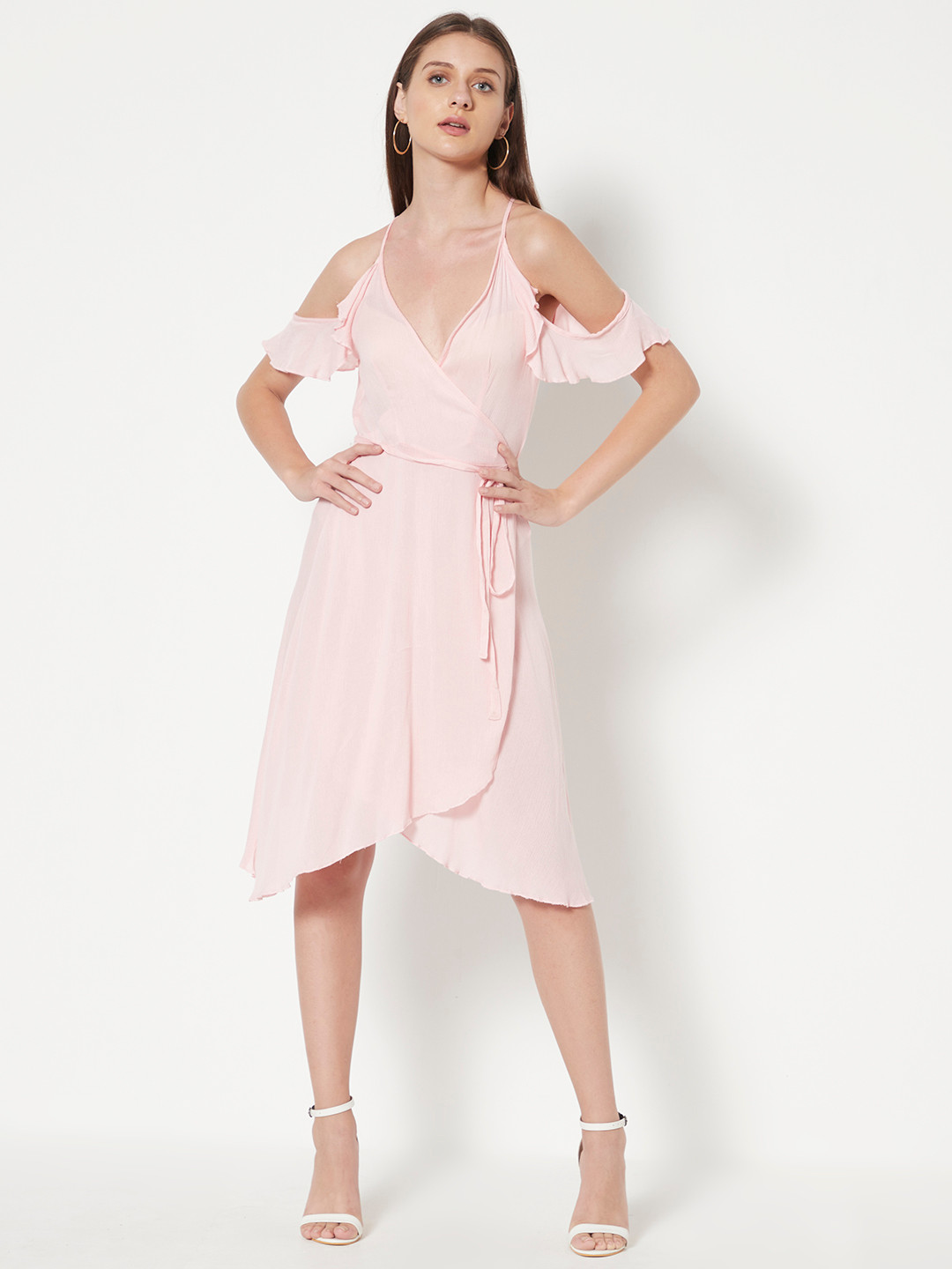 Buy URBANIC Pink Solid Cold Shoulder Wrap Dress With Belt Dresses for
