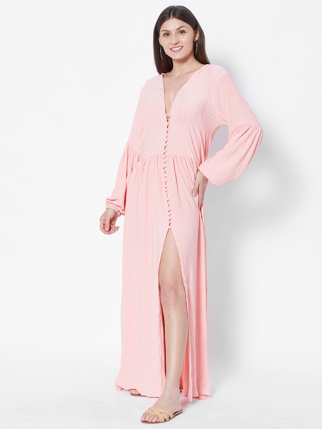 Buy URBANIC Pink Solid Front Slit Crinkled Maxi Dress Dresses for