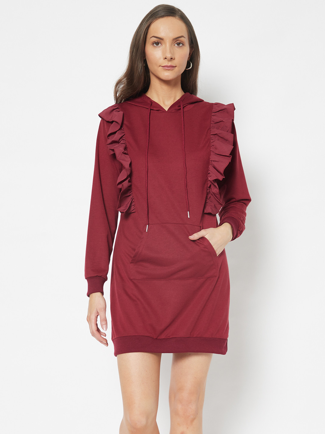 Buy URBANIC Maroon Solid Ruffle Detail Hooded Jumper Dress Dresses for Women 15847478 Myntra